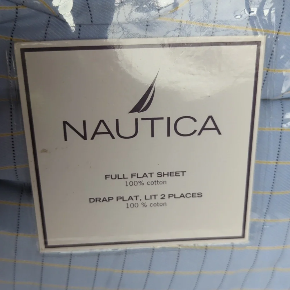 Nautica Full Flat Sheet 100% Cotton Windowpane Design in Blue and Yellow NEW